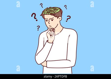 Confused young man with labyrinth in head think of problem solution. Frustrated male make decision contemplating solving trouble. Dilemma. Vector illustration.  Stock Vector