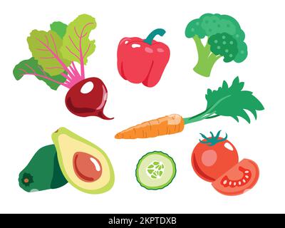 Set of vegetables. Avocado, pepper, cucumber, tomato, broccoli, carrot, beetroot.  Fashionable vector illustrations for the store's website Stock Vector