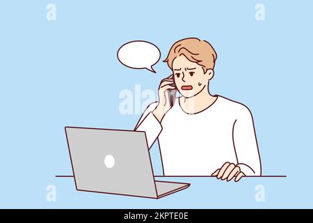 Angry young man sit at desk work on computer talk on cell about problem on device. Unhappy male experience trouble using laptop speak with helpline. Vector illustration.  Stock Vector