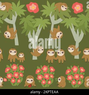 Sloth animals, trees and flowers in a row, seamless pattern. Stock Vector