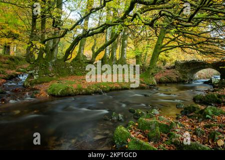 The Weir Water river flowing under Robbers Bridge in Exmoor National Park in autumn Stock Photo