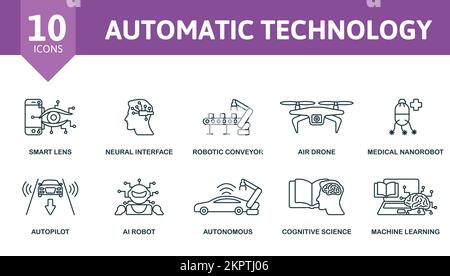 Automatic Technology icon set. Monochrome simple Automatic Technology icon collection. Smart Lens, Neural Interface, Robotic Conveyor, Air Drone Stock Vector