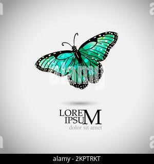 Green watercolor butterfly logo. Vector illustration. Mixed media. Stock Vector
