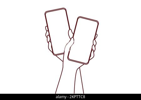 Close-up of couple hands holding cellphones with mockup screens texting online on gadgets. Man and woman with smartphones and internet communication. Vector illustration.  Stock Vector