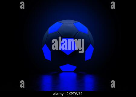 Soccer ball with blue glowing neon lights over dark background, 3d render Stock Photo