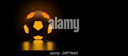 Soccer ball with orange glowing neon lights over dark background, 3d render, panoramic layout Stock Photo