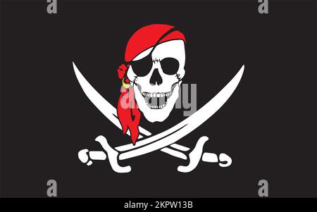 classic jolly roger pirate skull with red bandana and crossed swords flag vector illustration isolated on white background Stock Vector
