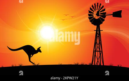 australian water pump windpump metal windmill and jumping kangaroo silhouette against sunset background vector illustration Stock Vector