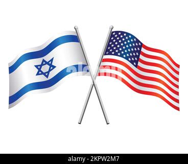 israel and USA american flags in relationship alliance or versus conflict crossed flagpoles vector isolated on white background Stock Vector