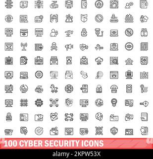 100 cyber security icons set. Outline illustration of 100 cyber security icons vector set isolated on white background Stock Vector