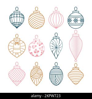 Merry Christmas and Happy New Year Graphic Resource Design. Editable Geometric Line work Christmas tree ornaments vector illustration. Website header Stock Vector