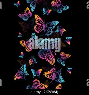 Pattern with rainbow butterflies on a black background. Suitable for curtains, wallpaper, fabrics, wrapping paper. Stock Vector