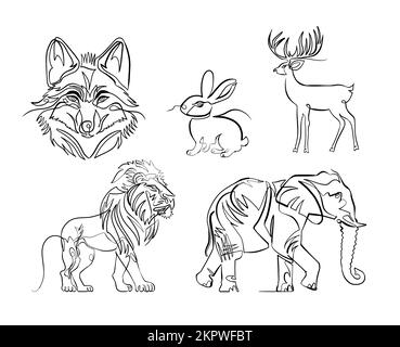 One line drawings of famous animals, vector set of five - wolf, hare, deer, lion and elephant Stock Vector