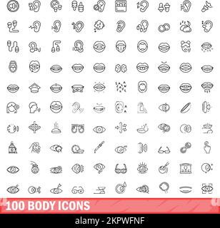 100 body icons set. Outline illustration of 100 body icons vector set isolated on white background Stock Vector