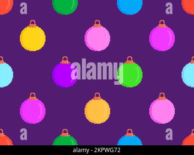 Pixel Christmas balls seamless pattern. Multicolored Christmas balls in pixel art style. 8-bit retro games from the 80s and 90s. Design for print, ban Stock Vector