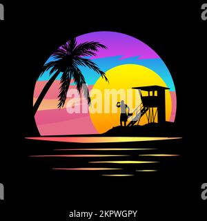 Baywatch  Apparel Graphic. Sunset on Tropical island. Vector graphic, black silhouette on vivid, colourful background. Palm trees, life guard Stock Vector