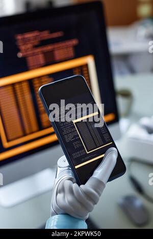 Closeup image of programmer testing code of new app on smartphone Stock Photo