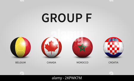 Qatar fifa world soccer cup tournament 2022 . Group F stages . Football with country flag pattern . Vector . Stock Vector