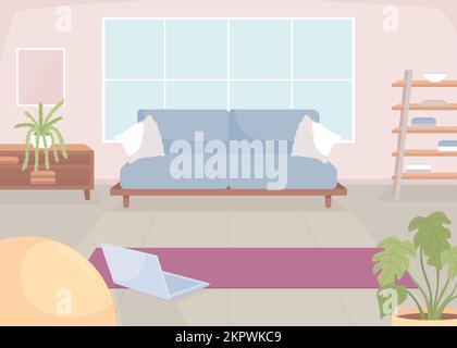 Laptop and yoga mat on floor flat color vector illustration Stock Vector