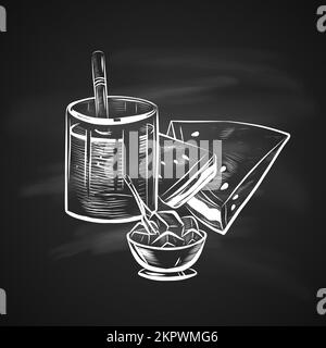 Sketch Illustration of Glass with Straw, Ice Bowl and Watermelon. Realistic Doodle Hand Drawn Illustration on Chalkboard Stock Vector