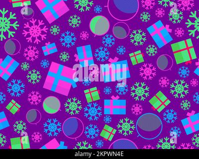 Christmas seamless pattern with Christmas balls, snowflakes, 3d gift boxes. Christmas pattern in memphis geometric style. Xmas design for printing and Stock Vector