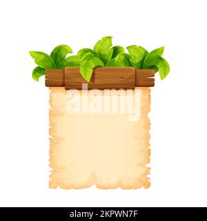 Tropical frame with wooden detail and parchment paper decorated with jungle palm leaves in cartoon style isolated on white background. Game menu design, asset. Vector illustration Stock Vector