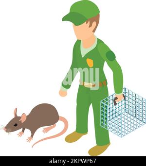 Rodent control icon isometric vector. Sanitary worker with cage catches grey rat. Pest control, deratization Stock Vector