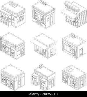 Store facade icon set. Isometric set of store facade vector icons outline vector on white background Stock Vector