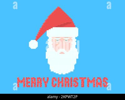 Santa Claus in pixel art style. Pixelated face of Santa Claus in retro style hat with 8-bit graphics. Christmas design for greeting cards, posters and Stock Vector