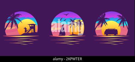 Tropical Beach Apparel Graphic. Sunset, island, landscapes. Graphic set of silhouettes vector designs for print. Symbols of vacations. Van, palm trees Stock Vector