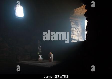 Sunlight beam enters an old hay barn Stock Photo