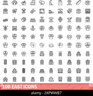 100 east icons set. Outline illustration of 100 east icons vector set isolated on white background Stock Vector