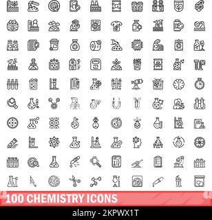 100 chemistry icons set. Outline illustration of 100 chemistry icons vector set isolated on white background Stock Vector