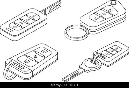 Car alarm system icons set. Isometric set of car alarm system vector icons outline vector on white background Stock Vector