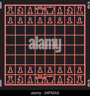 Neon chessboard and chess pieces line figures red color vector illustration image flat style light Stock Vector