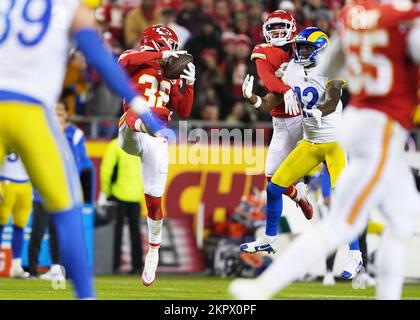 NOV 27, 2022: Kansas City Chiefs cornerback L'Jarius Sneed (38) makes a 4th quarter interception at Arrowhead Stadium Kansas City, Missouri. Jon Robichaud/CSM. Stock Photo