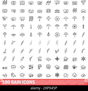 100 rain icons set. Outline illustration of 100 rain icons vector set isolated on white background Stock Vector