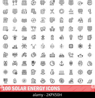 100 solar energy icons set. Outline illustration of 100 solar energy icons vector set isolated on white background Stock Vector