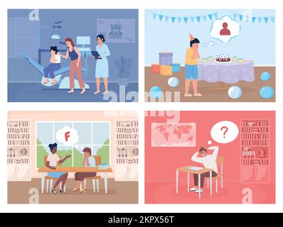 Children in stressful situations flat color vector illustrations set Stock Vector