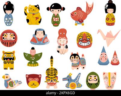 Japanese toys. Masks daruma kokeshi dolls maneki cat origami souvenirs recent vector illustrations Stock Vector