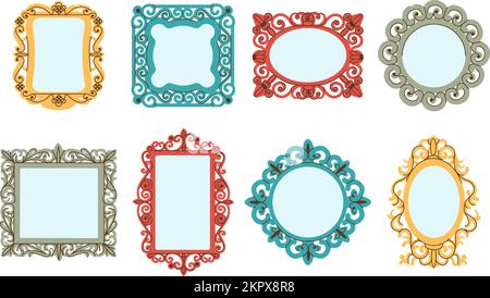 Decorative mirrors in vintage ornate royal frames. Wall mirror for interior design, colorful doodle reflection elements. Decent vector fashion vector Stock Vector