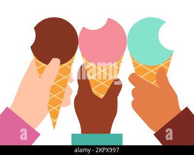 Eating ice cream together. Hands of various ethnicities holding ice creams of different colors. Vector. Stock Vector