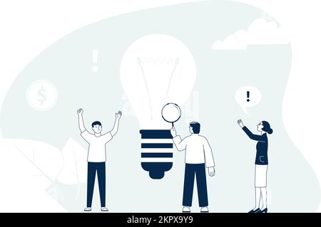 Tiny people have new idea. Brainstorm result, business team and giant lamp bulb. Creative workers, vector young students look ideas Stock Vector