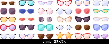 Sunglasses fashion silhouette. Cool kids spectacles in color rim. Isolated glasses, trendy eyewear icons. Racy vector stylish summer accessories Stock Vector