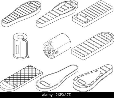 Sleeping bag icons set. Isometric set of sleeping bag vector icons outline vector on white background Stock Vector