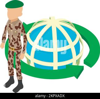 Green beret icon isometric vector. Army sergeant in military uniform near planet. Military serviceman, army concept Stock Vector
