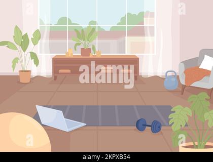 Sports mat with laptop on floor flat color vector illustration Stock Vector