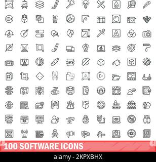 100 software icons set. Outline illustration of 100 software icons vector set isolated on white background Stock Vector