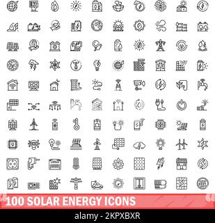 100 solar energy icons set. Outline illustration of 100 solar energy icons vector set isolated on white background Stock Vector