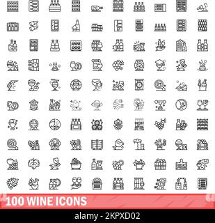 100 wine icons set. Outline illustration of 100 wine icons vector set isolated on white background Stock Vector